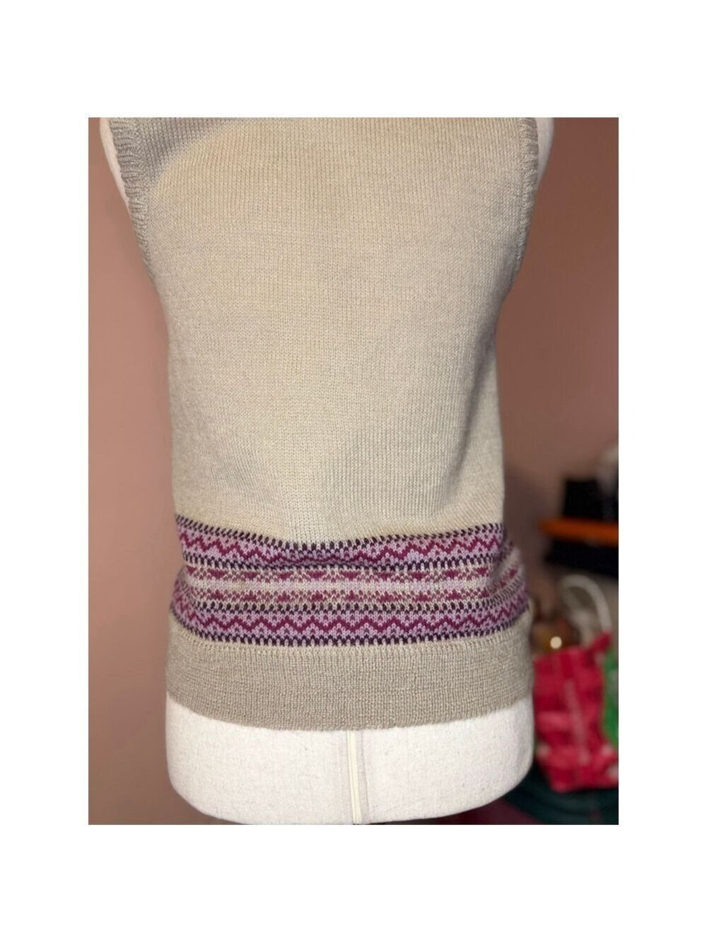 Vintage wool/acrylic vest British Hong Kong Patty Woodard label maroon tan LG - Picture 5 of 7